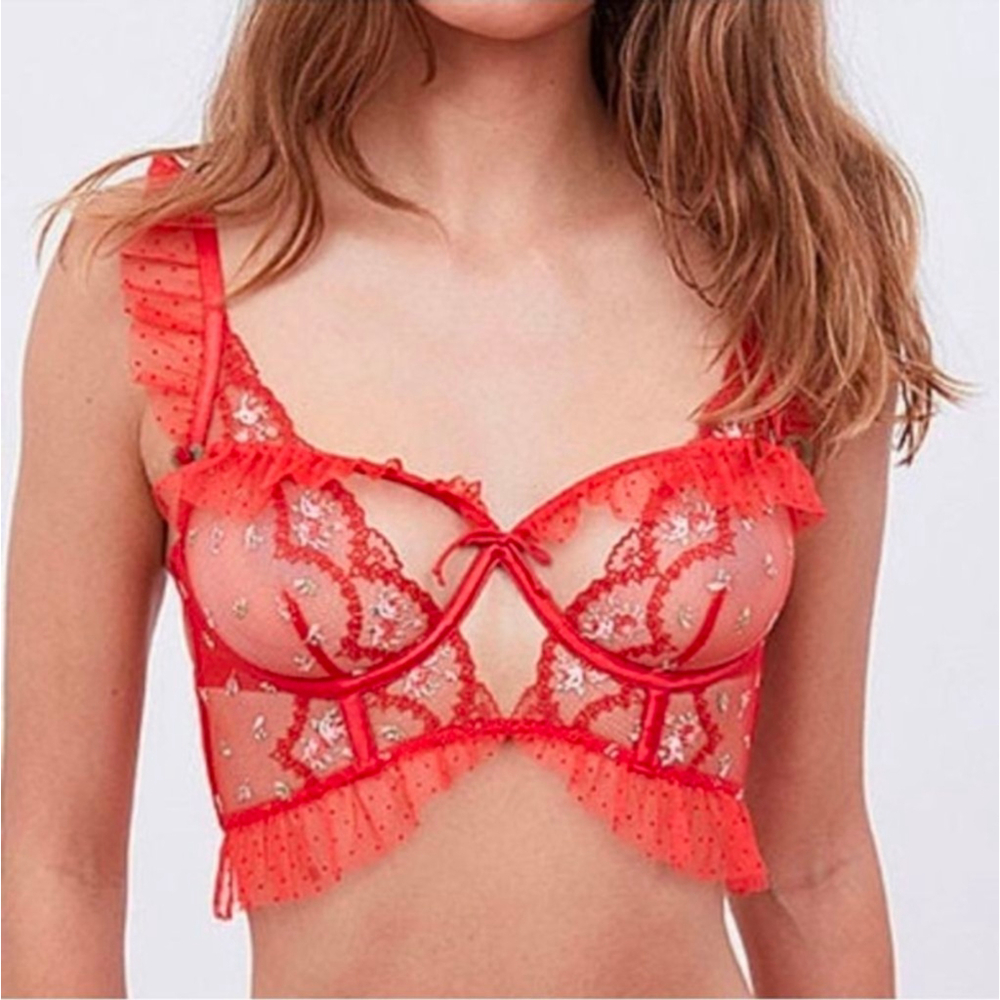 For Love & Lemons Red Floral Embroidered Lace Bra XXS NWT